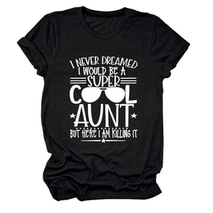 Detailed view of white slogan print on a classic black crew neck short sleeve T-shirt