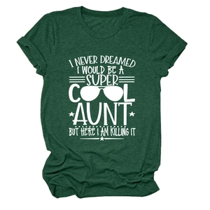 Detail of dark green heather t-shirt with white graphic text print and sunglasses design