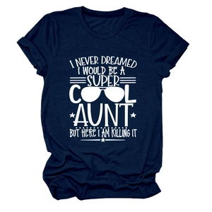 Macro shot of navy cotton t-shirt fabric with white aunt quote typography print