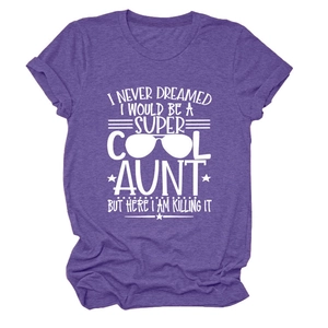 Detail of the Heather Purple heather knit fabric with Cool Aunt graphic and sunglasses print