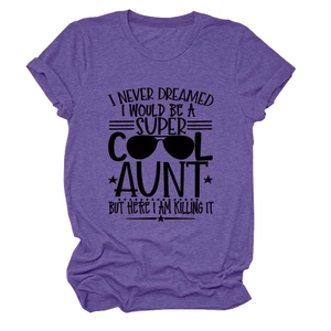 Detail of the crew neck short sleeve t-shirt in heather purple with graphic slogan print