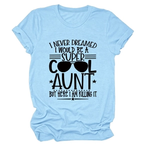 Flat lay of light blue cotton T-shirt featuring black Super Cool Aunt text print