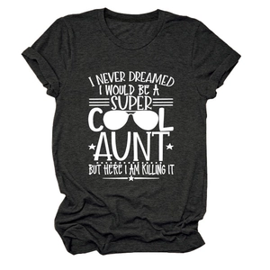 Detail of grey crewneck T-shirt showing Super Cool Aunt graphic and rolled sleeves