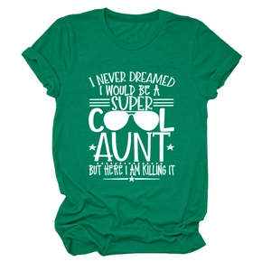 Detail of emerald green cotton T-shirt featuring white Cool Aunt typography and star graphics