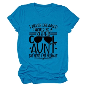 Flat lay of peacock blue crewneck t-shirt featuring black slogan graphic and star print