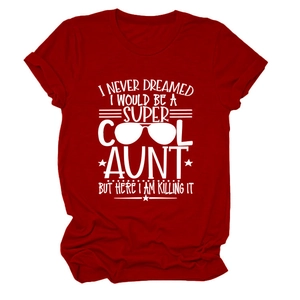 Short sleeve wine red cotton T-shirt featuring Super Cool Aunt white graphic print
