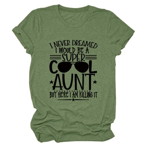 Detail of dark green cotton T-shirt showing crew neck and graphic print texture