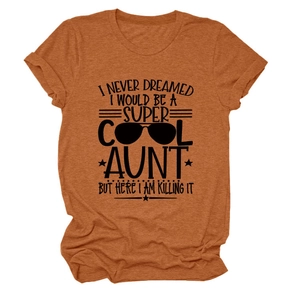 Detail of the soft heathered terracotta fabric and aunt slogan print on this women's tee