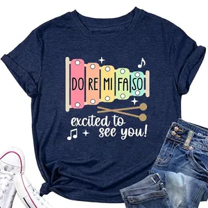 T-Shirt Décontracté en Mélange de Coton à Col Rond pour Femmes Manches Courtes Coupe Large Graphique Xylophone