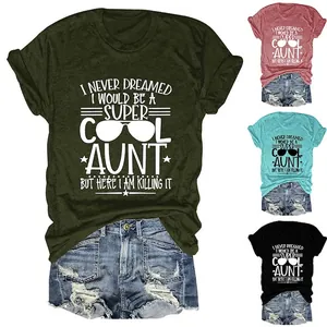 Women's Casual Cotton Blend Round Neck Short Sleeve T-Shirt Funny Super Cool Aunt Letter Slogan Printed Loose Summer Top