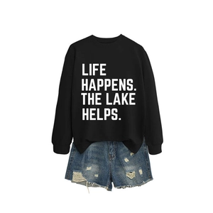 Women's black sweatshirt with Life Happens The Lake print and ripped denim shorts set