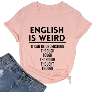 Detail of pink cotton t-shirt featuring English is weird slogan and stylish front knot