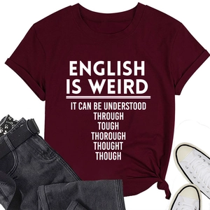 Detail of burgundy crew neck t-shirt with white humor text slogan in high-quality print