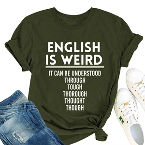Detailed flat lay of an olive green cotton T-shirt featuring a witty white English quote
