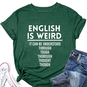 Flat lay of dark green crew neck T-shirt with white English text slogan and accessories