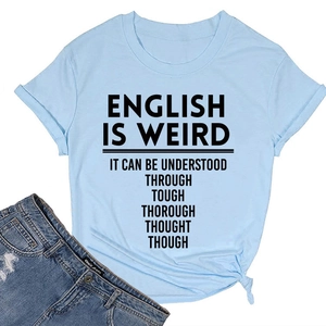 Detail of light blue cotton T-shirt featuring funny English text and front hem knot design