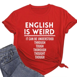 Close-up of red cotton T-shirt featuring white English letter print and round neckline