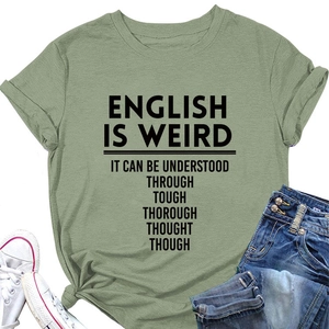 Detailed view of sage green cotton T-shirt featuring black English text print