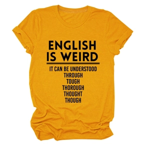Flat lay of mustard yellow cotton t-shirt featuring humor slogan print and crew neck