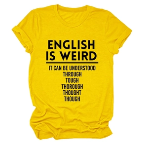 Detail of the yellow cotton crewneck T-shirt with black English grammar quote print
