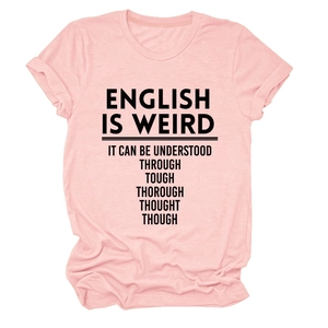 Detail of light pink crew neck T-shirt with black English typography print