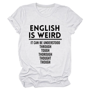 Detail of English text print on white cotton crew neck t-shirt for casual wear