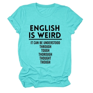 Close-up of the black English wordplay text print on a mint green crew neck t-shirt
