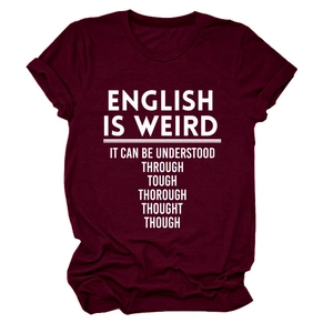 Detail of soft cotton wine red t-shirt with humor English print and round neck