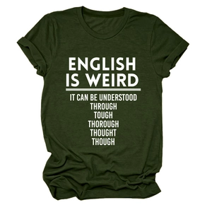 Detail view of dark green crew neck T-shirt with white letter print and soft cotton fabric