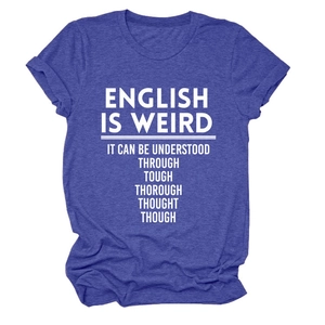 Detail of heather blue cotton t-shirt with English grammar humor text in white font