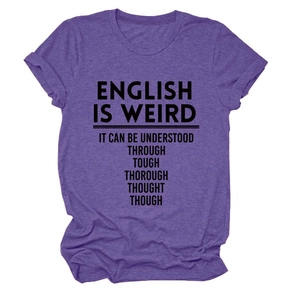 Detail of purple crew neck T-shirt featuring funny English text and heathered fabric texture