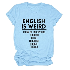 Detailed view of light blue cotton T-shirt with black English slogan print on white background