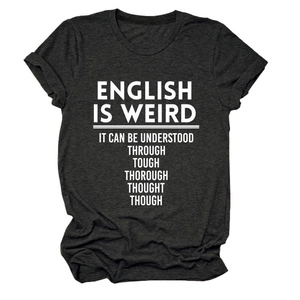 Detail of crew neck short sleeve tee in dark grey with humorous white English text print