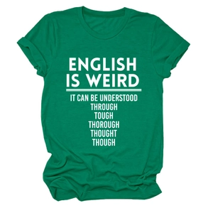 Detail of emerald green cotton T-shirt featuring white artistic font lettering print