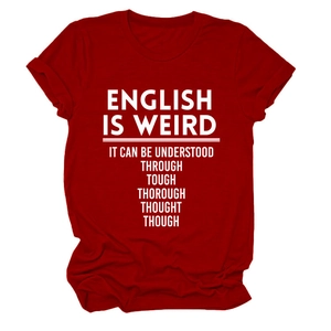 Close-up of the humor typography and crew neck on a dark red short sleeve T-shirt