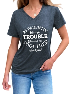 Detail of V-neckline and slogan print on dark gray casual women's short sleeve T-shirt