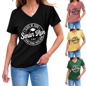 T-Shirt Décontracté à Col en V pour Femmes Class Of 2026 Senior Mom Imprimé Mélange de Coton Haut de Mode Ample