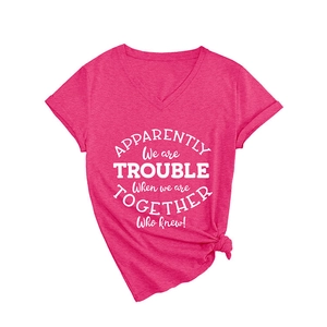 Women's V-neck short sleeve T-shirt in rose pink with white slogan print and side knot