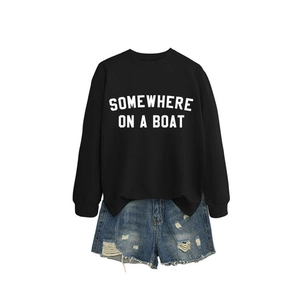 Women's black round neck sweatshirt and ripped denim shorts with Somewhere on a Boat print