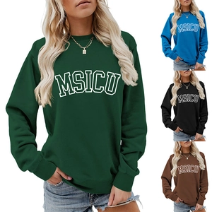 Detail view of MSICU letter print sweatshirt in dark green, blue, black and brown colors
