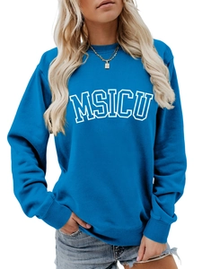 Detail of blue crewneck sweatshirt with MSICU letter print and ribbed elastic cuffs