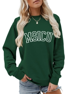 Detail of loose dark green sweatshirt featuring white MSICU lettering and ribbed cuffs