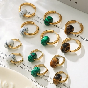 Set of 18k gold plated titanium hoop earrings with natural tiger eye and turquoise stones