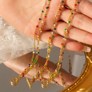 Collier Et Bracelet Multicouches Acier Titane Plaqué Or Perles Émail Colorées Fermoir À Bascule Bijoux Bohème Femmes