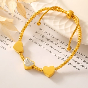 Bracelet À Perles Coeur Acier Titane Plaqué Or 18K Zircon Cordon Réglable Bijoux De Mode Minimalistes Pour Femmes