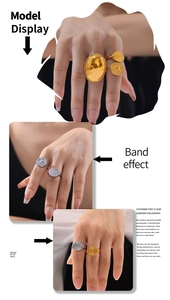 Detailed view of large oval gold ring and spiral textured rings on model hand