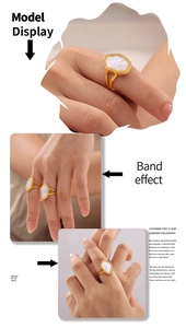 Dettaglio anello placcato oro 18k con inserto in conchiglia bianca e design geometrico