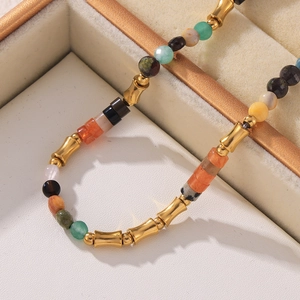 Collier Perles Pierre Naturelle Bohème Pierre Précieuse Colorée Acier Inoxydable Bijoux Pour Femmes