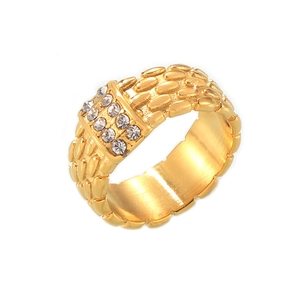 Anillo ancho bañado en oro de 18k para mujer con detalles geométricos de cristal brillante