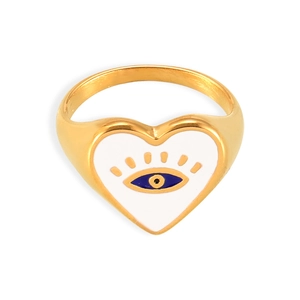 Bohemian 18k gold plated heart ring with white enamel and blue evil eye detail